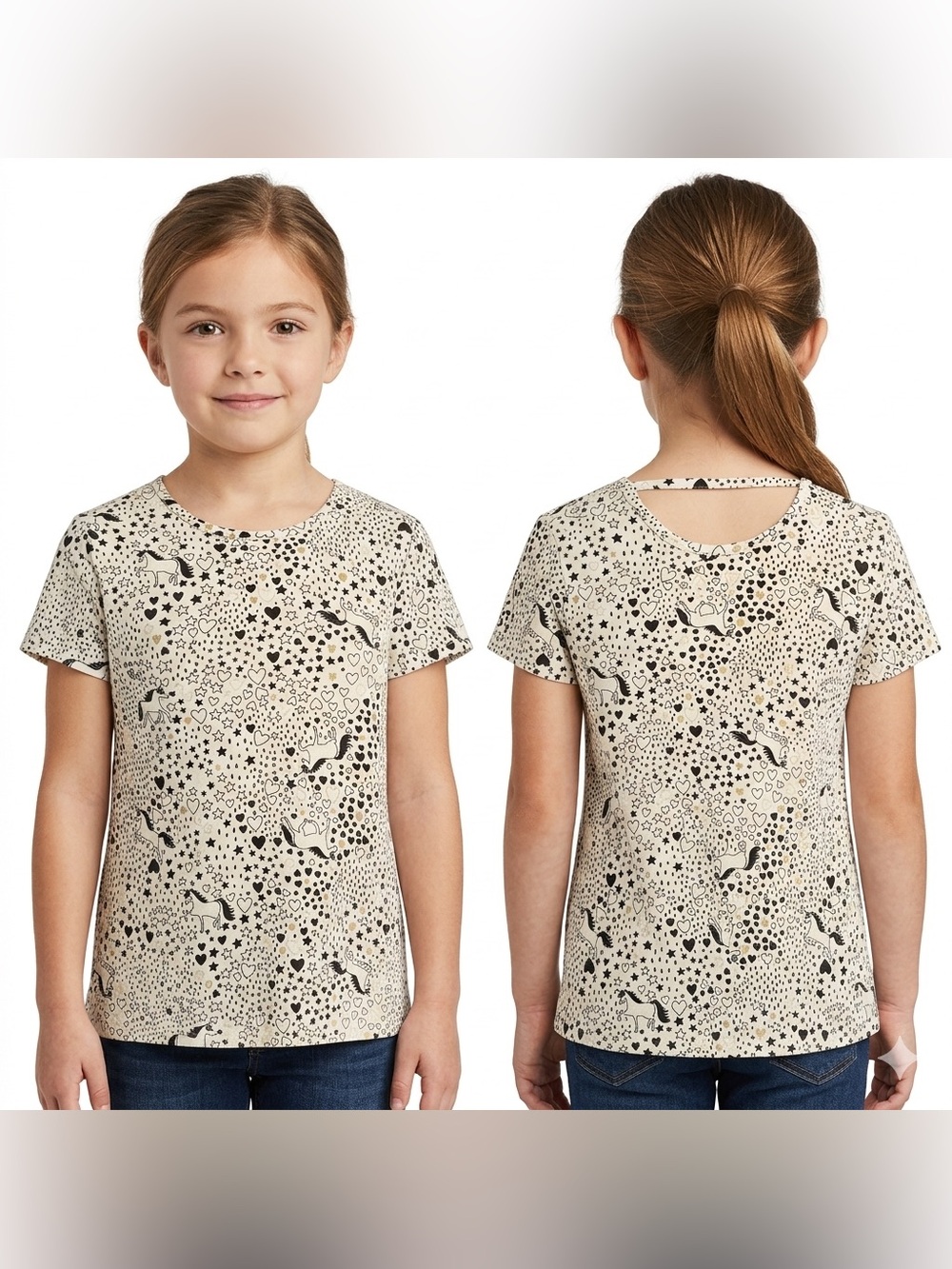 wonder nation Cream Short Sleeve Tee with Black Unicorn & Heart Print